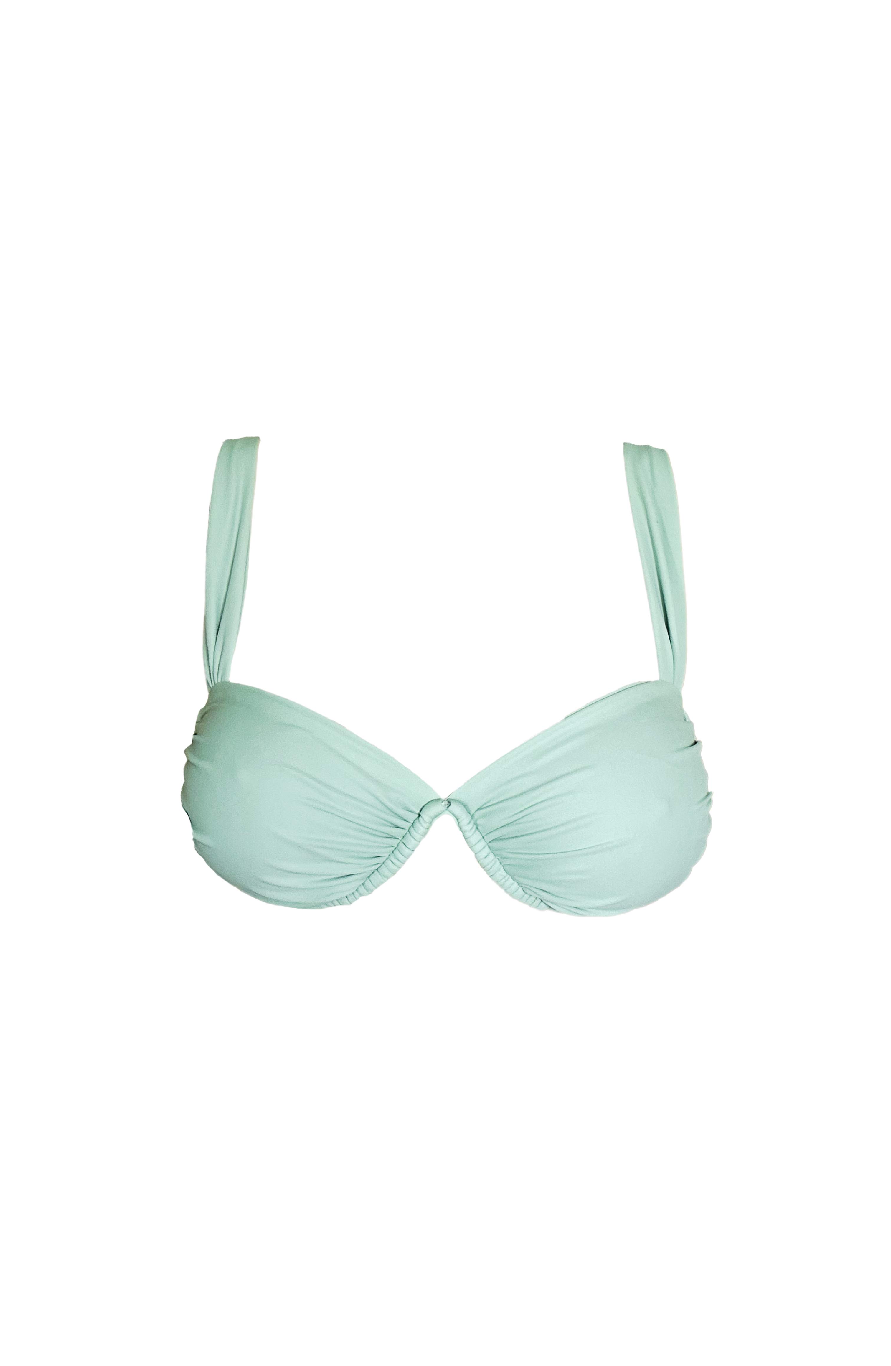 Mint green underwire bikini top on a white background