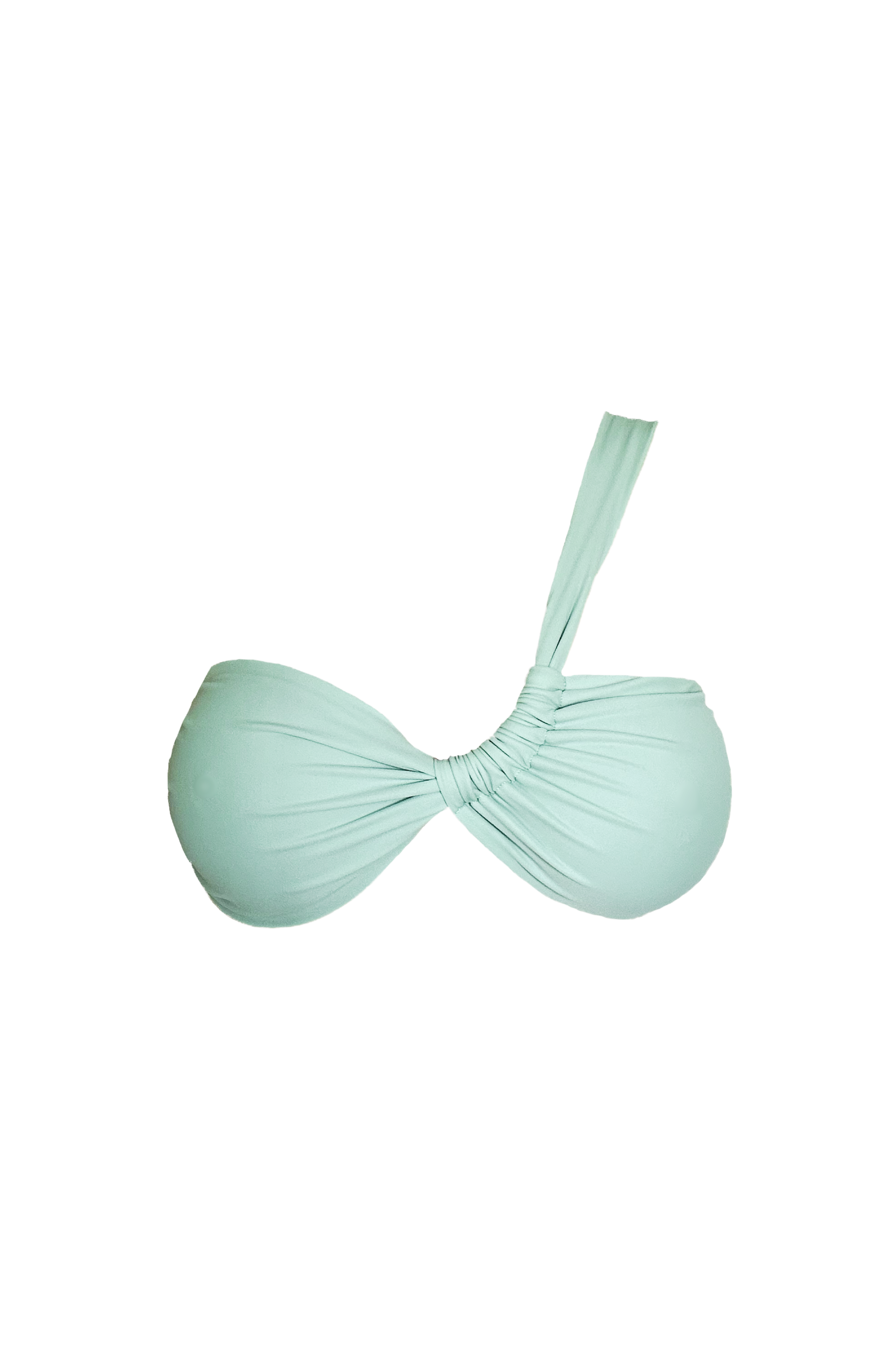 Mint green one shoulder sliding bandeau bikini top on a white background