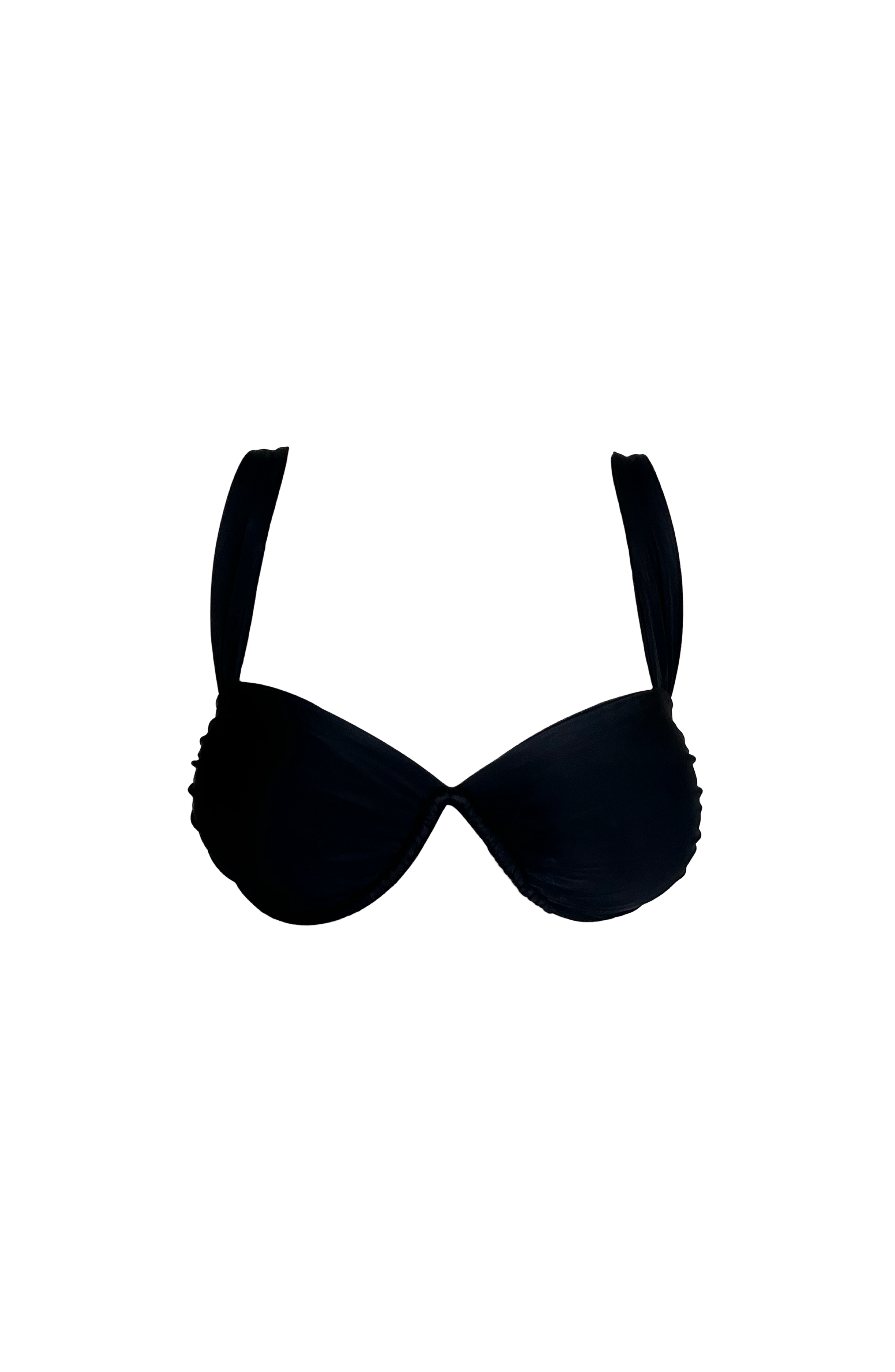 Black underwire bikini top on a white background