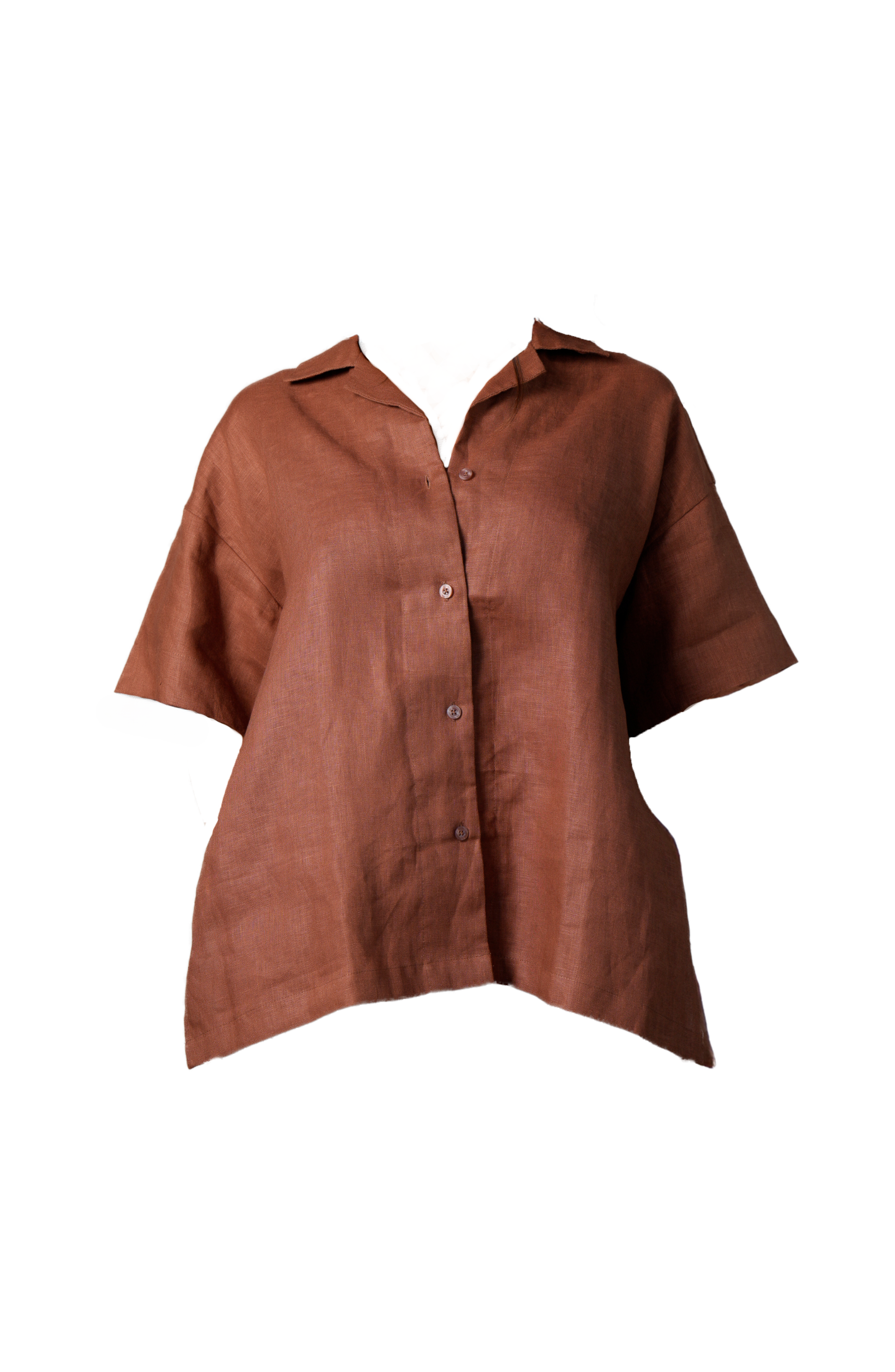 Brown linen shirt with short sleeves, buttoned up on a white background