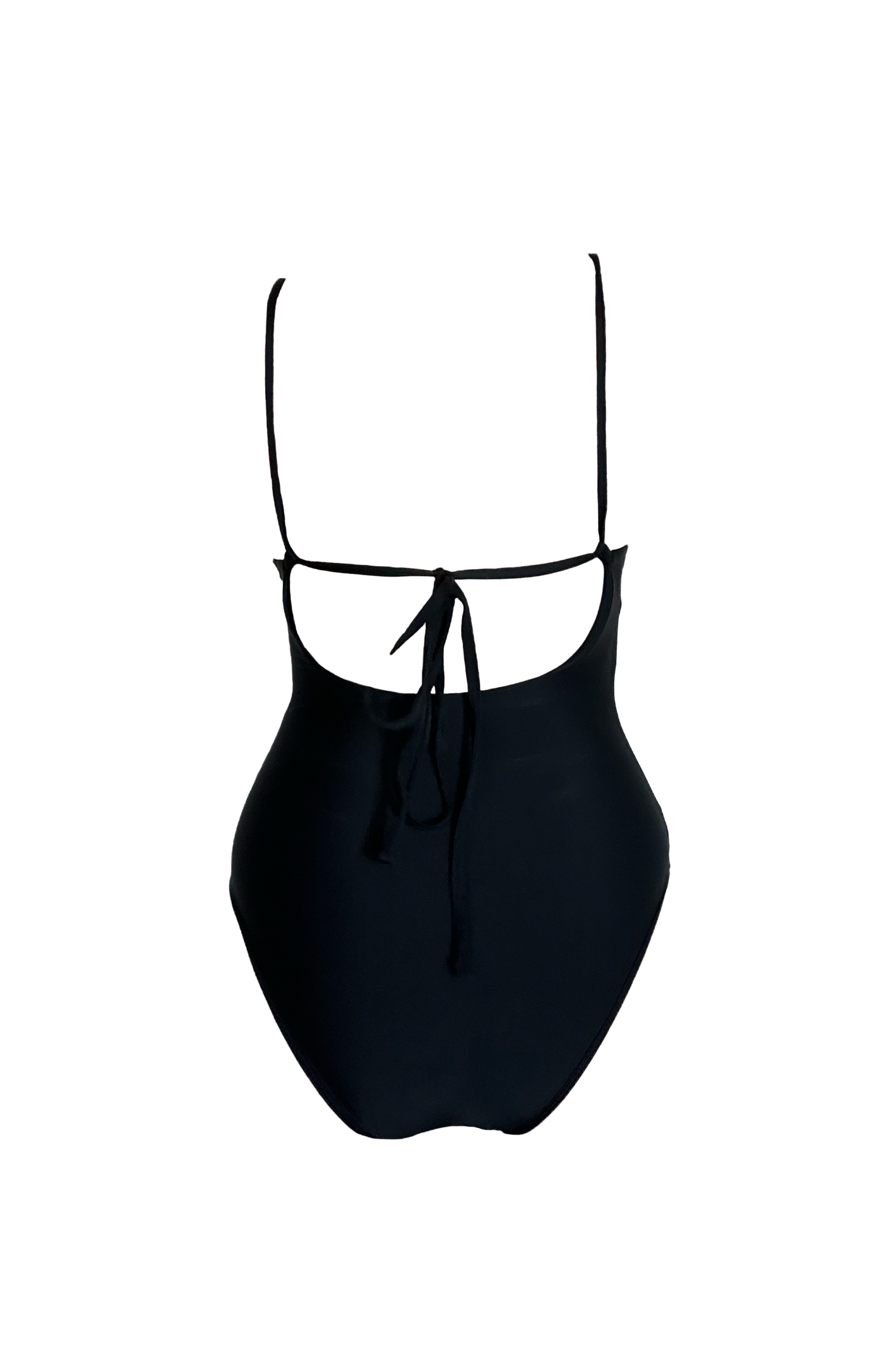 Black one piece swimsuit with thin straps on a white background
