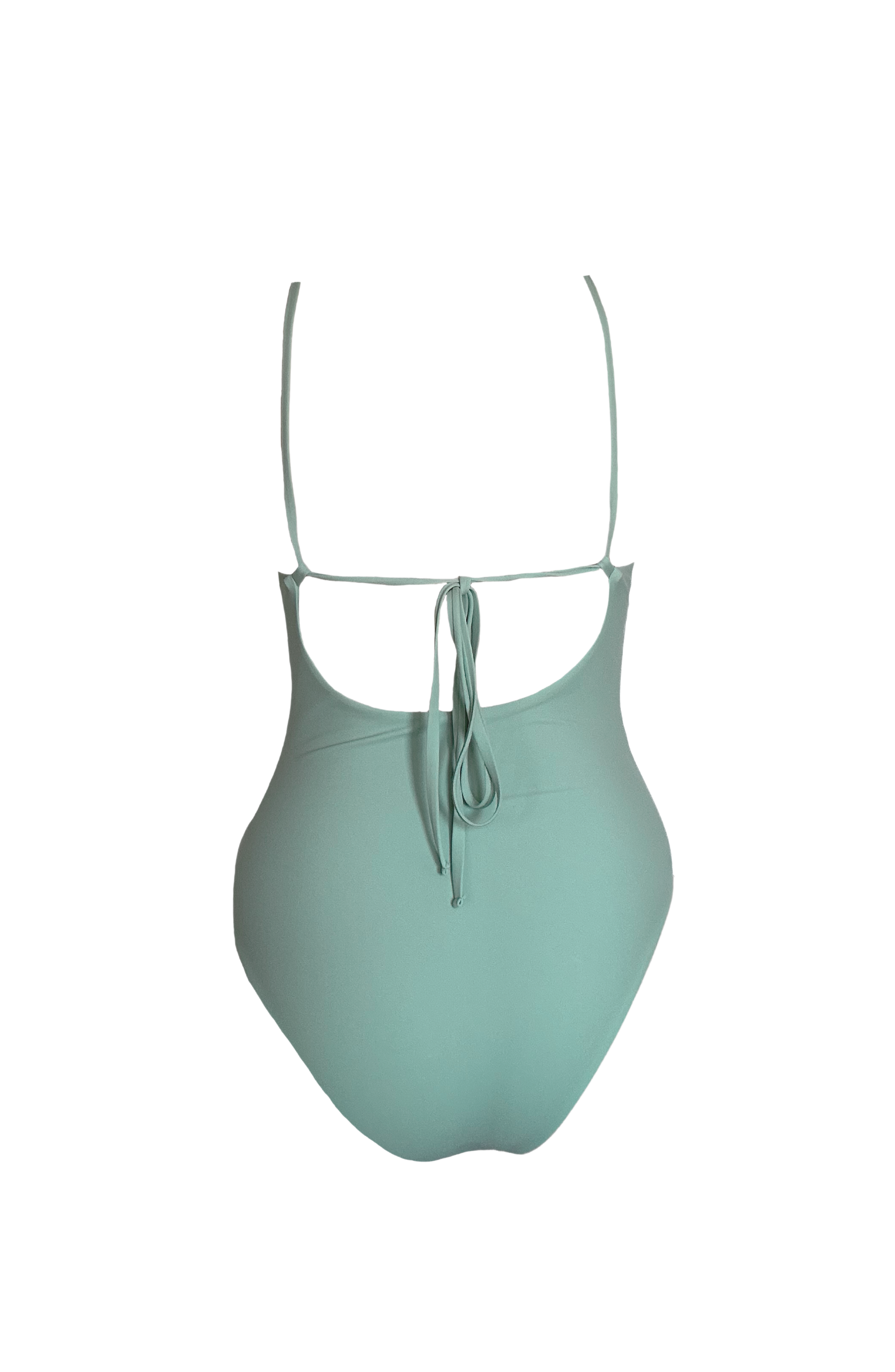Mint green swimsuit back, with thin straps on a white background.