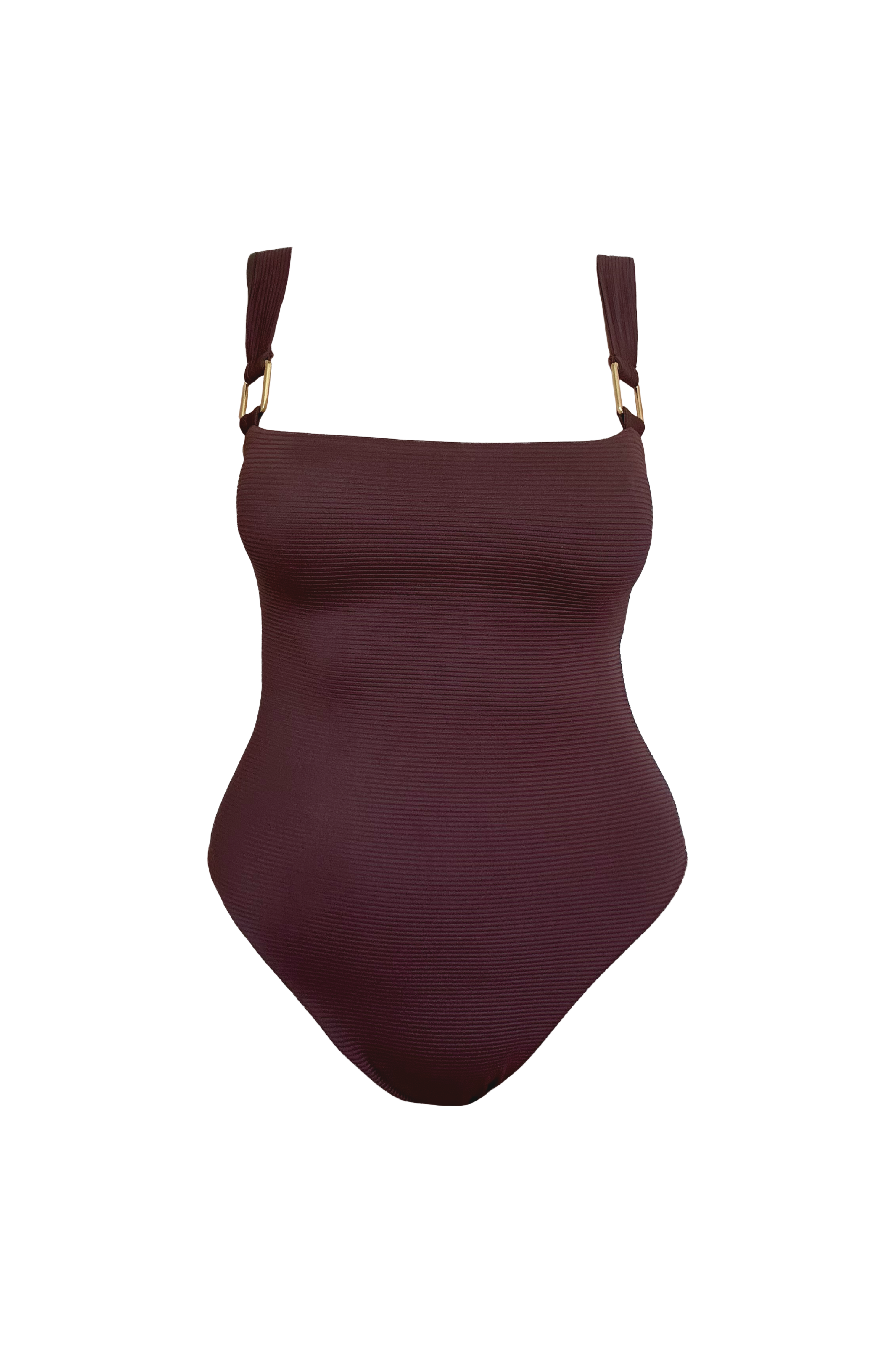 Brown swimsuit with semi-thick straps with gold hardware in ribbed eco fabric on a white background