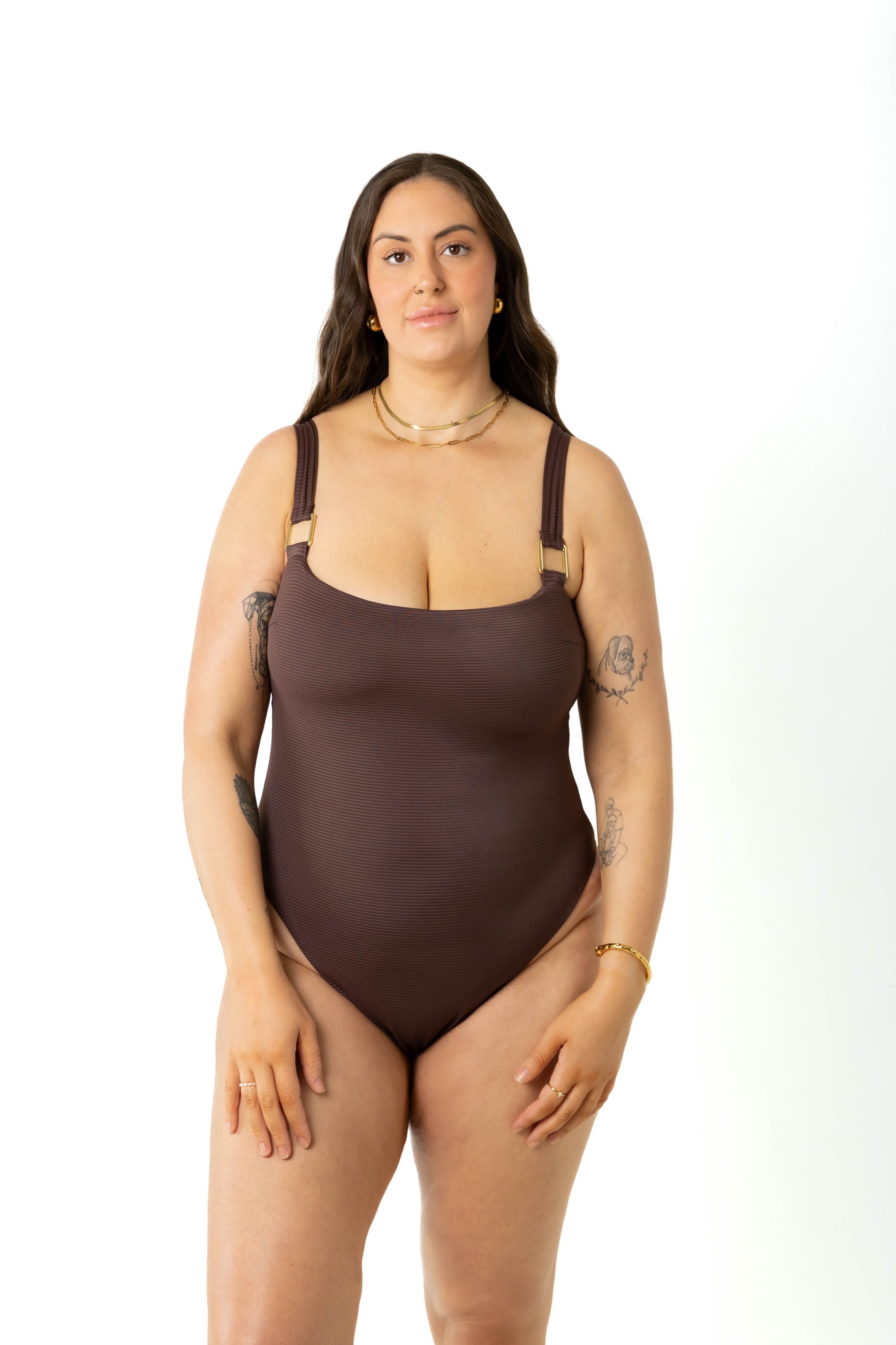 Model erin, size 18 wears Moss chocolate eco ribbed one piece swimsuit adjustable straps and suitable for fuller bust