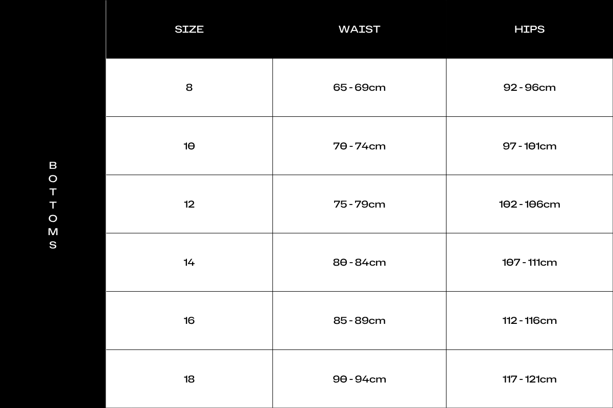 A size chart table for bottoms, showing sizes 8, 10, 12, 14, 16, and 18 with waist and hips measurements in centimeters on a black and white background.
