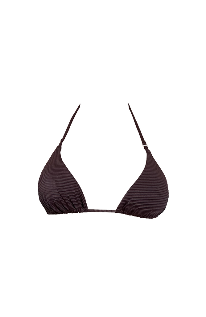 Chocolate brown triangle bikini top on a white background