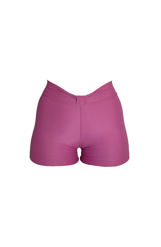 Spice high-waisted, full coverage swim shorts on a white background, front view