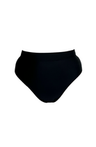 Black high-waisted bikini bottom on a white background