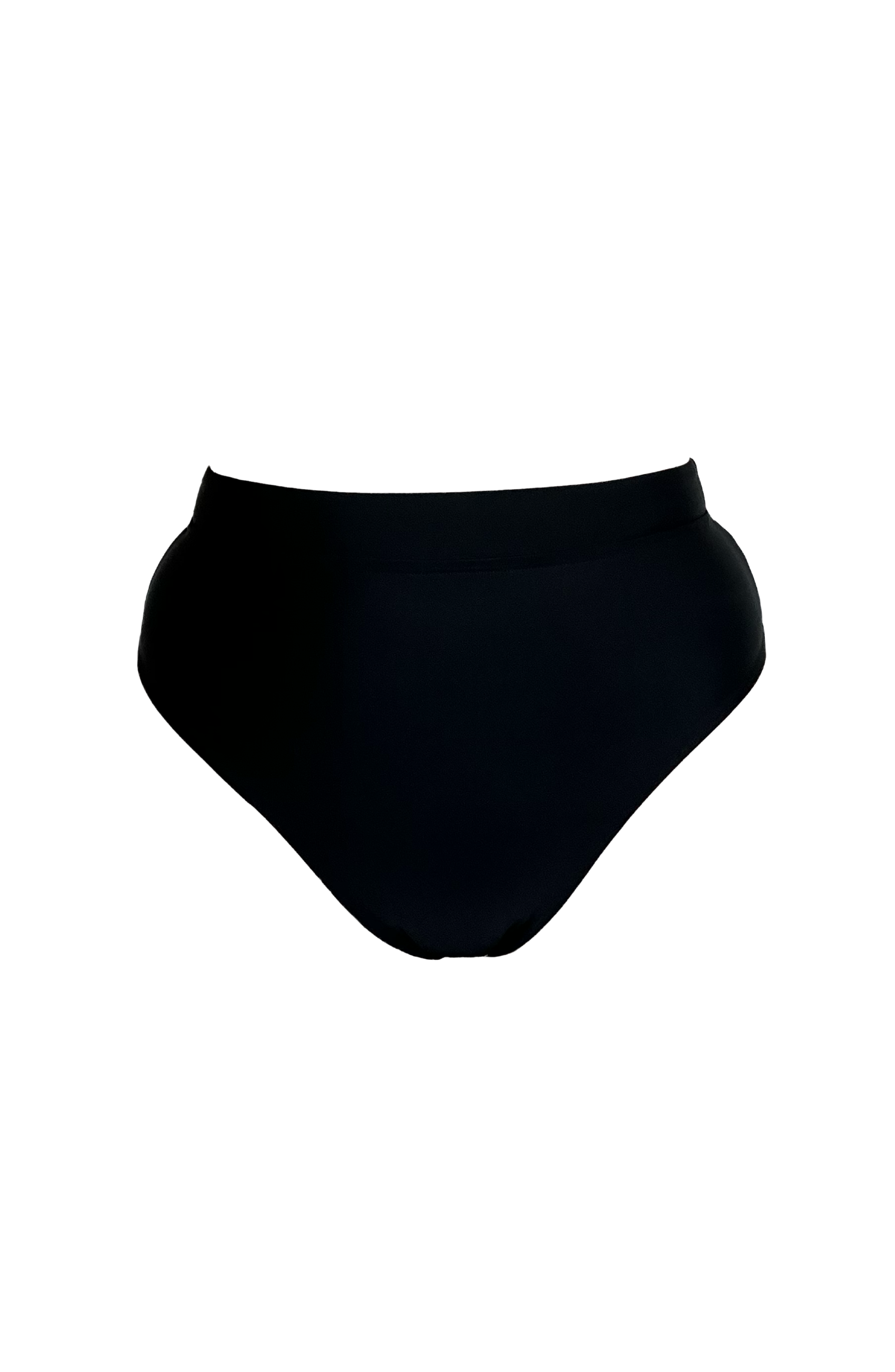 Black high-waisted bikini bottom on a white background