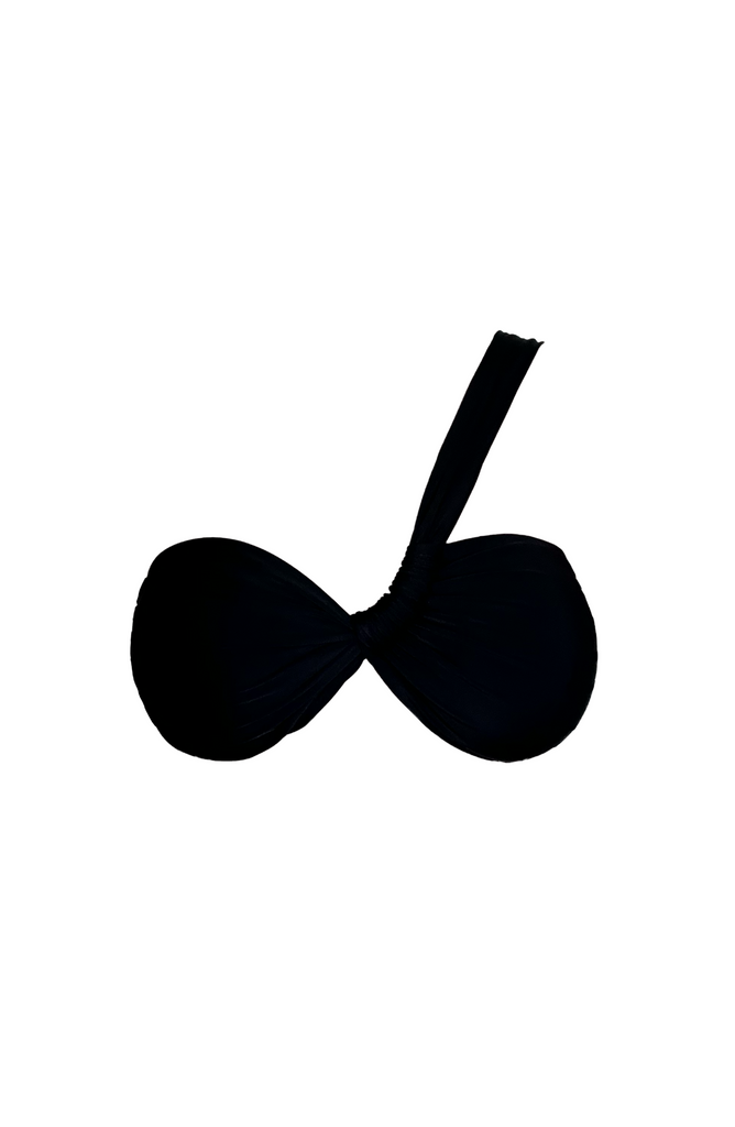 Black one shoulder adjustable sliding bandeau bikini top on a white background