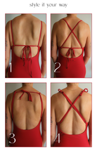 Red womens one piece swimsuit with adjustable straps shown in four different styling options at the back.