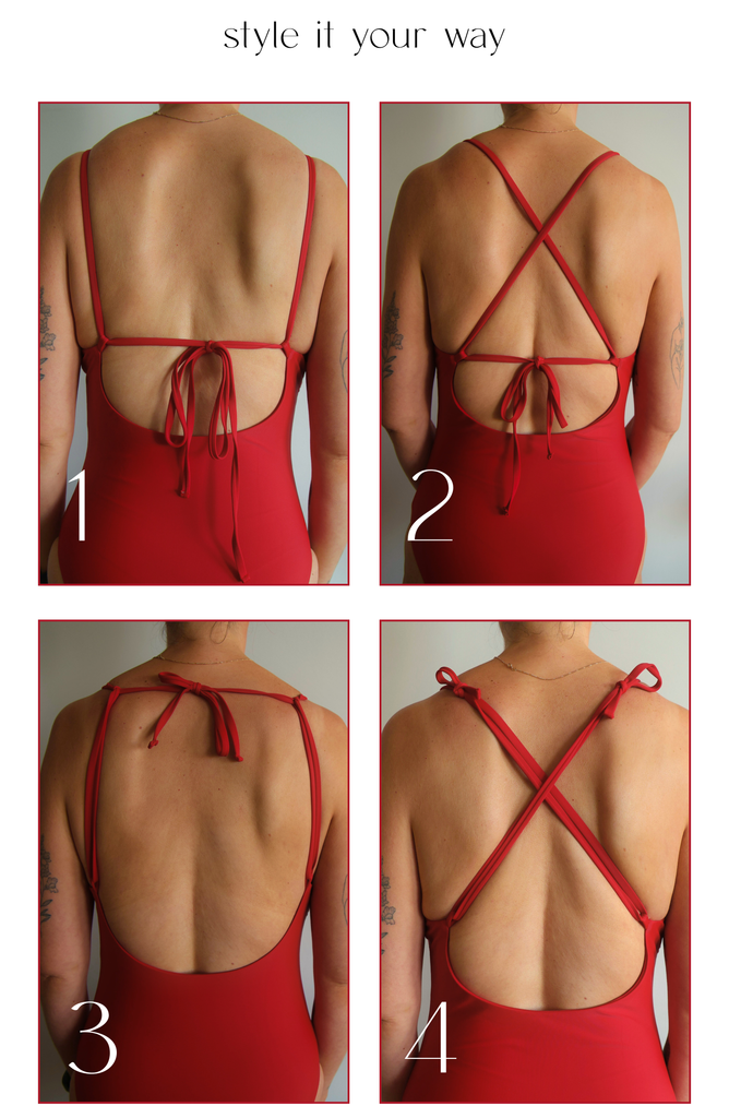 Red womens one piece swimsuit with adjustable straps shown in four different styling options at the back.