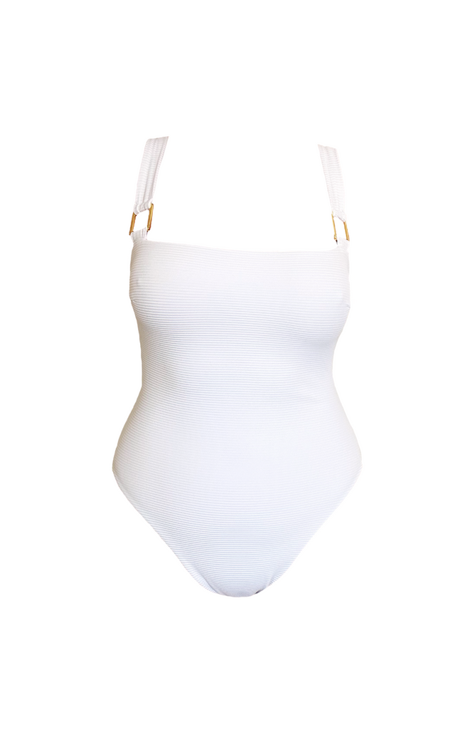 White swimsuit with semi thick straps on a white background