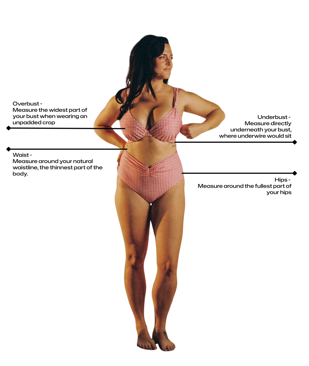 A woman modeling a red and white checkered bikini against a white background, with measurement callouts indicating overbust, underbust, waist, and hips.