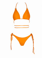 Close up back view of women's orange triangle string bikini.