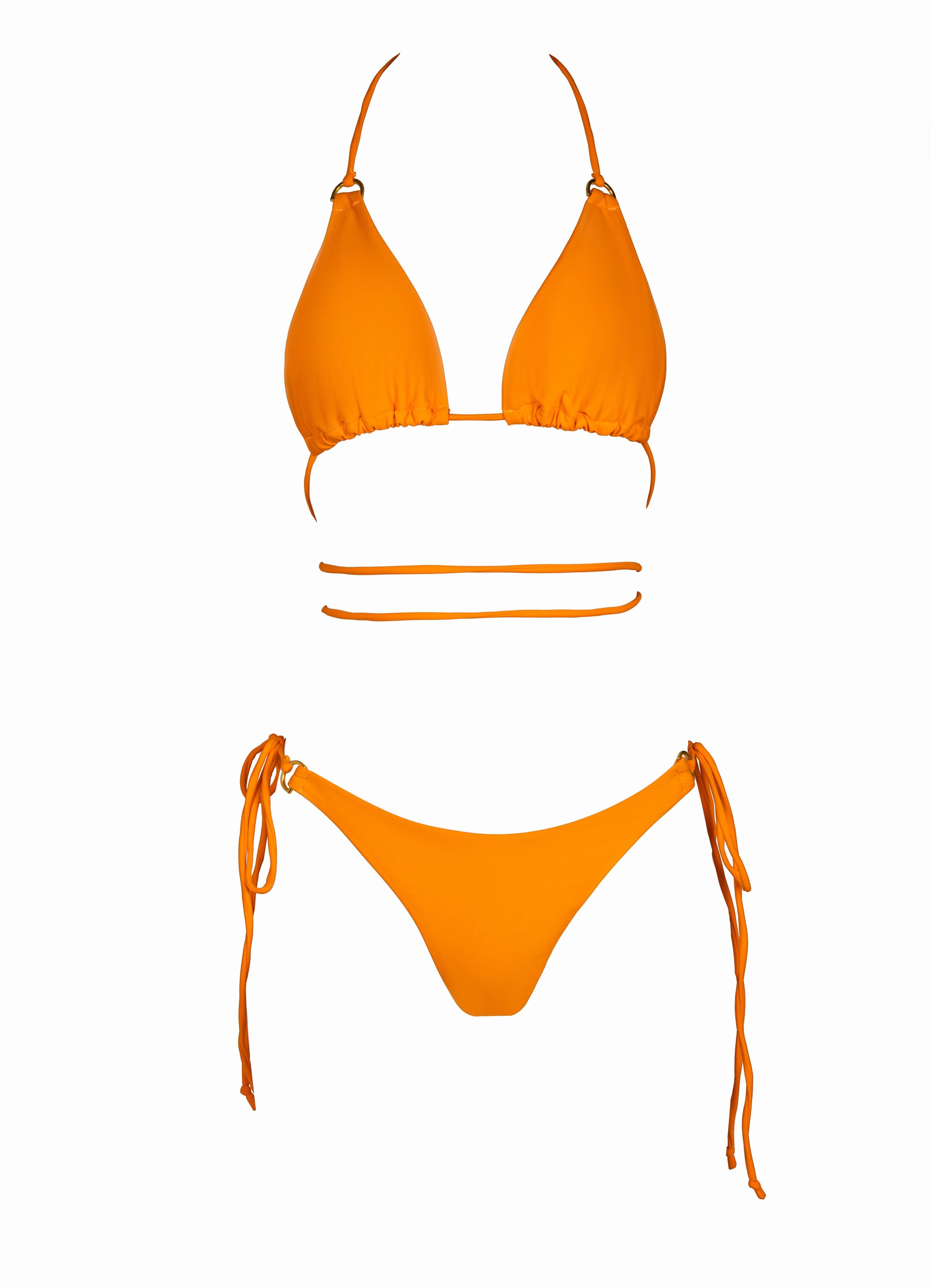 Close up back view of women's orange triangle string bikini.