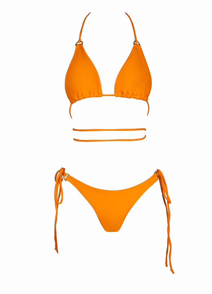 Close up back view of women's orange triangle string bikini.
