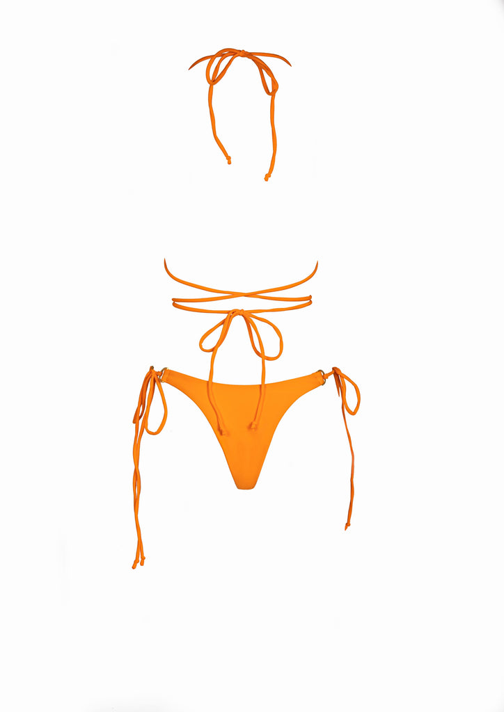 Close up back view of women's orange triangle string bikini.