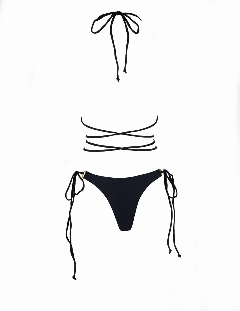 Close up back view of women's black triangle string bikini.